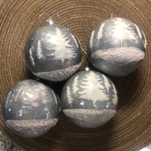 Christmas Ornaments Silver White Tree Landscape - Set of 4
